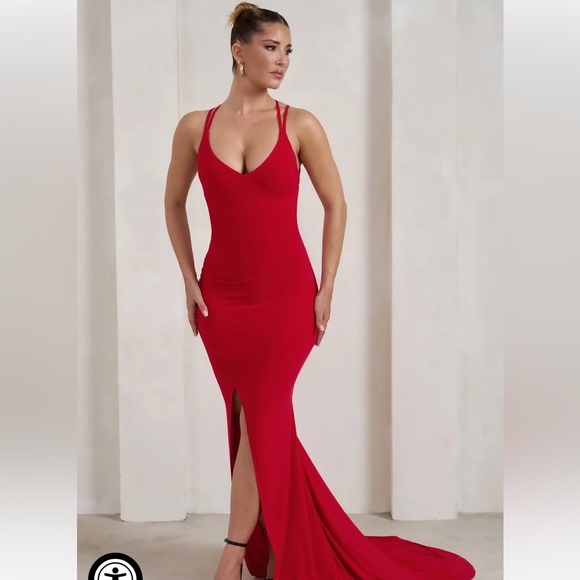 Club L Lucky Day Red Crossover Back Fishtail Maxi Dress - Picture 4 of 4